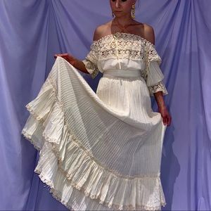 Vintage Two Piece Cream Peasant Top and Maxi Skirt